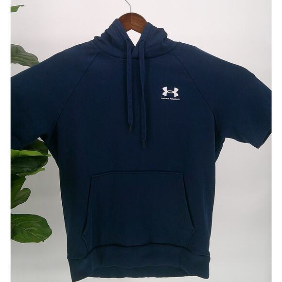 Under Armour Mens Medium Navy Cold Gear Loose Fit Drawstring Short Sleeve Hoodie - Picture 1 of 6